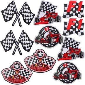 10pcs Black White Checkered Square F1 Racing Patches Cycle Race Car Flag Iron on Patch Custom Tactical Sewing Patches Appliques for Jeans Jacket Clothing Bag Backpack Hat Crafts