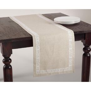 Saro Lifestyle Stitched Greek Key Design Runner, White, 16"x120"