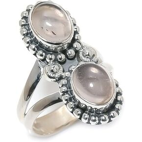 925 Sterling Silver Adjustable Ring - 2 Oval Shape Gemstones Unique Design Handmade Ring for Women, Statement Jewelry Gift for Her