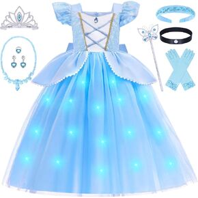 G.C Light Up Princess Costume Dress for Girls Kids Dress Up Clothes Crown Wand Necklace Gloves Accessories Halloween Cosplay