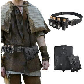 HiiFeuer Medieval Embossed Alchemy Buckle Belt with 4 Cork Vials and 2 PCs Studded Belt Pouch, Faux Leather Fantasy Wizard Costume Accessories