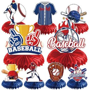 ديكورات حفلات أعياد الميلاد من Rakuto Baseball - 9 قطع من قطع البيسبول المركزية على شكل قرص العسل وديكورات الحفلات وديكورات طاولات حفلات البيسبول باللونين الأزرق والأحمر وحفلات البيسبول ومستلزمات ديكور استحمام الأطفال للأطفال الأولاد