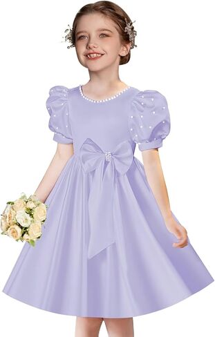 Satin Flower Girl Dresses for Wedding Beads Vintage Pageant Dress First Communion Gown with Bow Knot in Kuwait