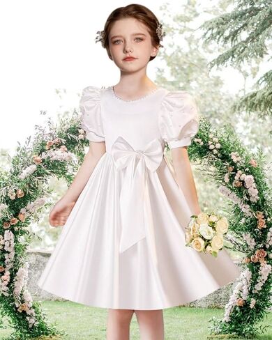 Satin Flower Girl Dresses for Wedding Beads Vintage Pageant Dress First Communion Gown with Bow Knot in Kuwait