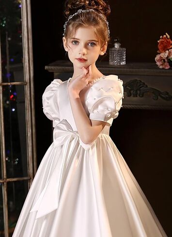 Satin Flower Girl Dresses for Wedding Beads Vintage Pageant Dress First Communion Gown with Bow Knot in Kuwait