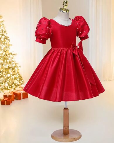 Satin Flower Girl Dresses for Wedding Beads Vintage Pageant Dress First Communion Gown with Bow Knot in Kuwait