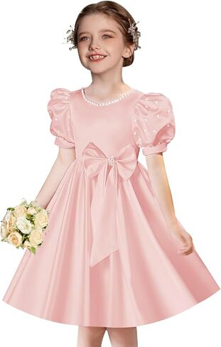 Satin Flower Girl Dresses for Wedding Beads Vintage Pageant Dress First Communion Gown with Bow Knot in Kuwait