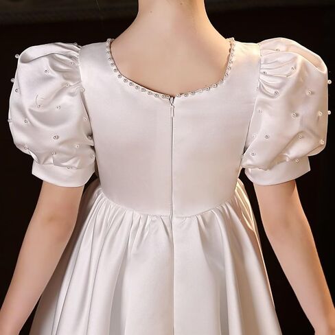Satin Flower Girl Dresses for Wedding Beads Vintage Pageant Dress First Communion Gown with Bow Knot in Kuwait