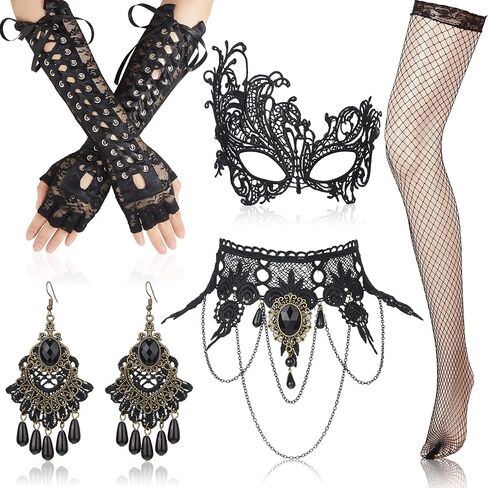 5 Pieces Halloween Masquerade Costume Set Black Gothic Choker Lace Necklace Masquerade Cover Vintage Lace Pattern Gloves Pendant Earring and Fishnet Stockings for Women Party Decorations in Saudi Arabia