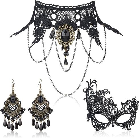 5 Pieces Halloween Masquerade Costume Set Black Gothic Choker Lace Necklace Masquerade Cover Vintage Lace Pattern Gloves Pendant Earring and Fishnet Stockings for Women Party Decorations in Saudi Arabia