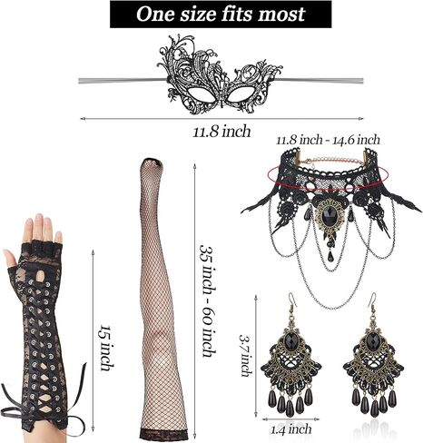 5 Pieces Halloween Masquerade Costume Set Black Gothic Choker Lace Necklace Masquerade Cover Vintage Lace Pattern Gloves Pendant Earring and Fishnet Stockings for Women Party Decorations in Saudi Arabia