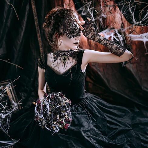 5 Pieces Halloween Masquerade Costume Set Black Gothic Choker Lace Necklace Masquerade Cover Vintage Lace Pattern Gloves Pendant Earring and Fishnet Stockings for Women Party Decorations in Saudi Arabia