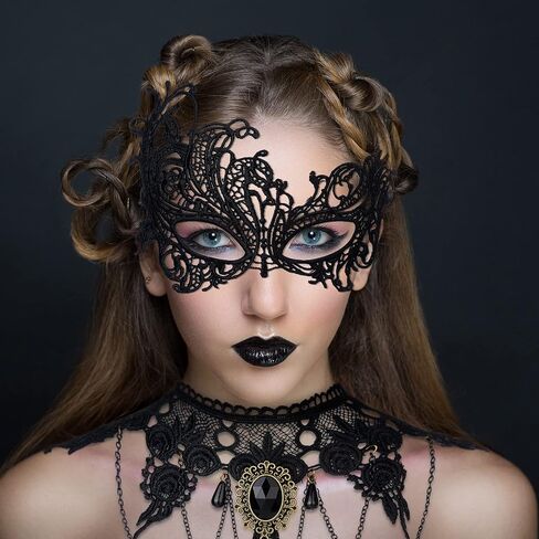 5 Pieces Halloween Masquerade Costume Set Black Gothic Choker Lace Necklace Masquerade Cover Vintage Lace Pattern Gloves Pendant Earring and Fishnet Stockings for Women Party Decorations in Saudi Arabia