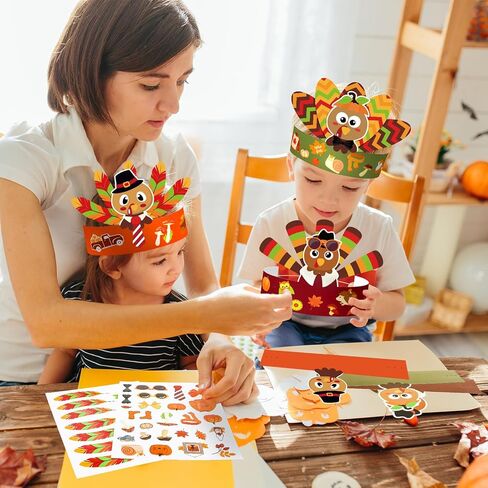 مجموعة من 12 قطعة من تيجان تركيا لعيد الشكر DIY من ورق عيد الشكر، قبعات ديك رومي قابلة للتعديل، قبعات تاج على شكل رأس ديك رومي قابلة للتعديل مع ملصقات زخرفية لحصاد عيد الشكر، مستلزمات التاج DIY in Kuwait