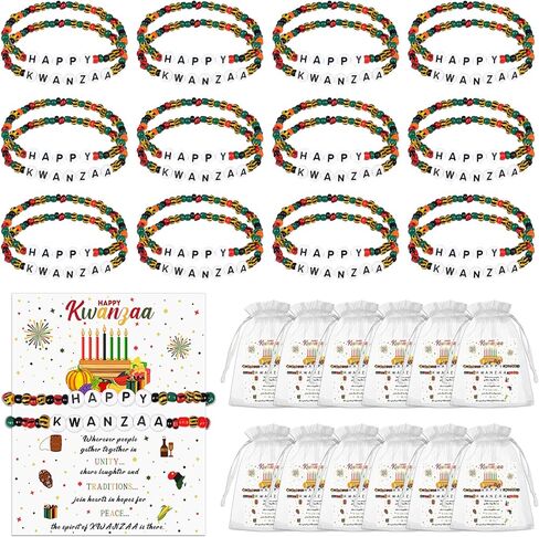 24 قطعة أساور مطرزة من Happy Kwanzaa للرجال والنساء أساور الصداقة الأفريقية باللون الأسود الأمريكي والأحمر والأسود والأخضر سوار مرن مجوهرات مع حقائب بطاقات لـ Kwanzaa Kinara in Kuwait