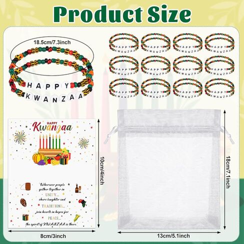24 قطعة أساور مطرزة من Happy Kwanzaa للرجال والنساء أساور الصداقة الأفريقية باللون الأسود الأمريكي والأحمر والأسود والأخضر سوار مرن مجوهرات مع حقائب بطاقات لـ Kwanzaa Kinara in Kuwait