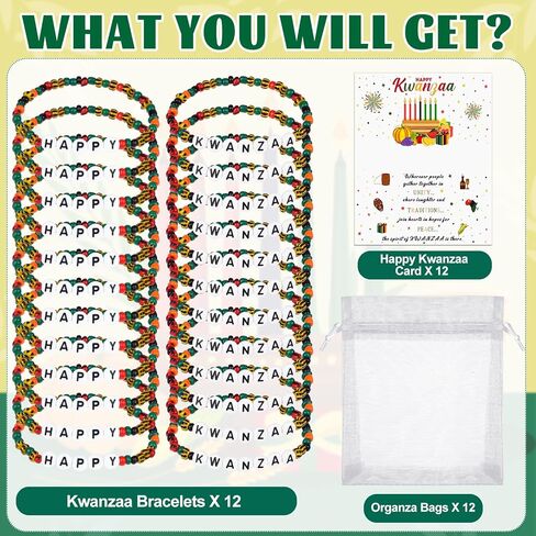 24 قطعة أساور مطرزة من Happy Kwanzaa للرجال والنساء أساور الصداقة الأفريقية باللون الأسود الأمريكي والأحمر والأسود والأخضر سوار مرن مجوهرات مع حقائب بطاقات لـ Kwanzaa Kinara in Kuwait