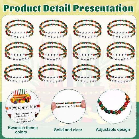 24 قطعة أساور مطرزة من Happy Kwanzaa للرجال والنساء أساور الصداقة الأفريقية باللون الأسود الأمريكي والأحمر والأسود والأخضر سوار مرن مجوهرات مع حقائب بطاقات لـ Kwanzaa Kinara in Kuwait