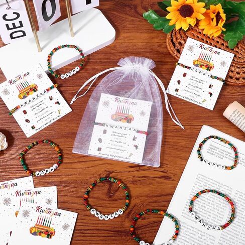 24 قطعة أساور مطرزة من Happy Kwanzaa للرجال والنساء أساور الصداقة الأفريقية باللون الأسود الأمريكي والأحمر والأسود والأخضر سوار مرن مجوهرات مع حقائب بطاقات لـ Kwanzaa Kinara in Kuwait