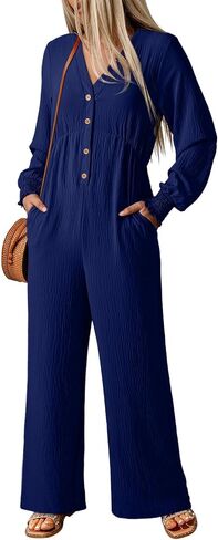 Dokotoo Womens Jumpsuits V-Neck Button Up Lantern Sleeve High Waist Wide Leg Rompers Loose Casual Jumpsuits with Pockets in Saudi Arabia