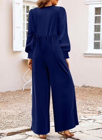 Dokotoo Womens Jumpsuits V-Neck Button Up Lantern Sleeve High Waist Wide Leg Rompers Loose Casual Jumpsuits with Pockets in Saudi Arabia