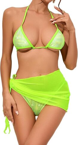 Women Sexy 3 Piece Bikini Set Glitter Holographic String Triangle Swimsuit Bathing Suit with Cover Up Skirt in Kuwait