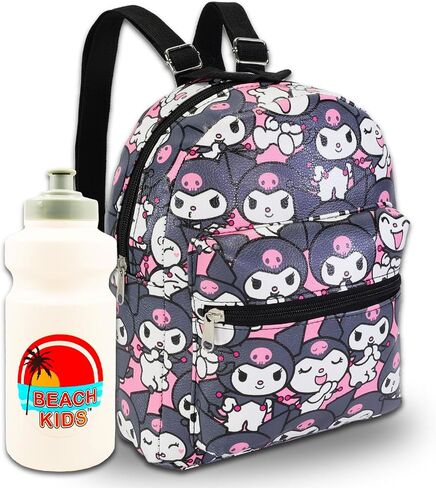 Kuromi Mini Backpack for Kids Set - 10" Faux Leather Kuromi Backpack with Front Pocket Plus Water Bottle | Sanrio Backpack Bundle for Girls in Saudi Arabia
