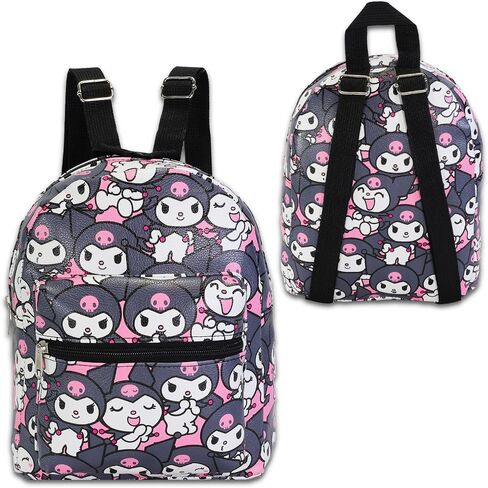 Kuromi Mini Backpack for Kids Set - 10" Faux Leather Kuromi Backpack with Front Pocket Plus Water Bottle | Sanrio Backpack Bundle for Girls in Saudi Arabia