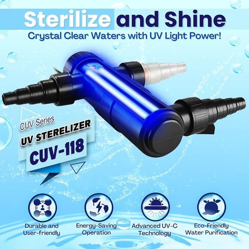 Flexzion 55W معقم بالأشعة فوق البنفسجية ضوء 110V مصباح تنقية المياه مرشح الأشعة فوق البنفسجية مع أنبوب لمبة لحوض السمك حوض السمك الذهبي الشعاب المرجانية كوي، أسود (CUV-155X) in Saudi Arabia