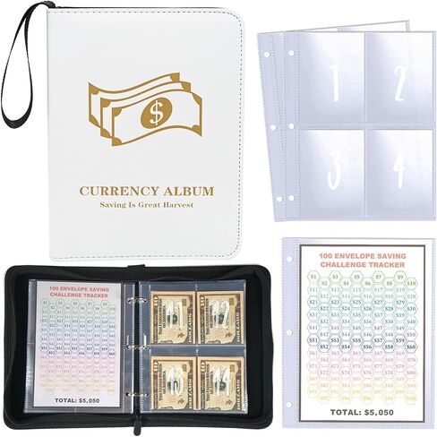 25 Pcs 4 Pocket 100 Envelopes Money Saving Challenge Sleeves and Tracker Sheet Protector, Fit for Mini 3 Ring A5 Binder, Pre-Printed 1~100 Numbers Money Pockets Refill Pages,Top Loading Currency Pages in Kuwait