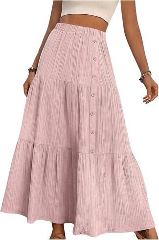 SHENHE Women's Elastic High Waisted Button Front Skirt Tiered Layered Ruffle Hem Flowy Maxi Skirts in Saudi Arabia