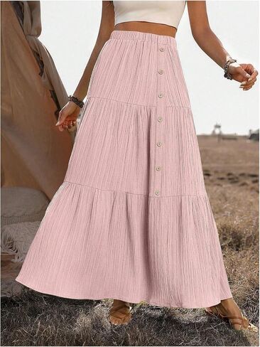 SHENHE Women's Elastic High Waisted Button Front Skirt Tiered Layered Ruffle Hem Flowy Maxi Skirts in Saudi Arabia
