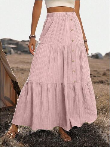 SHENHE Women's Elastic High Waisted Button Front Skirt Tiered Layered Ruffle Hem Flowy Maxi Skirts in Saudi Arabia