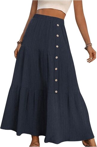 SHENHE Women's Elastic High Waisted Button Front Skirt Tiered Layered Ruffle Hem Flowy Maxi Skirts in Saudi Arabia
