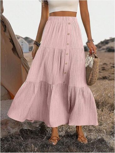 SHENHE Women's Elastic High Waisted Button Front Skirt Tiered Layered Ruffle Hem Flowy Maxi Skirts in Saudi Arabia