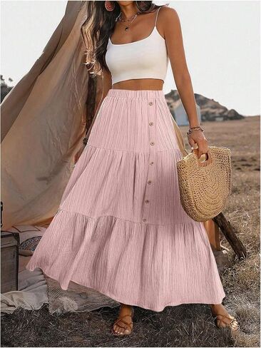 SHENHE Women's Elastic High Waisted Button Front Skirt Tiered Layered Ruffle Hem Flowy Maxi Skirts in Saudi Arabia