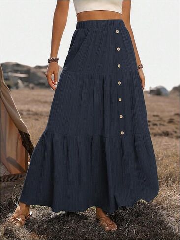 SHENHE Women's Elastic High Waisted Button Front Skirt Tiered Layered Ruffle Hem Flowy Maxi Skirts in Saudi Arabia