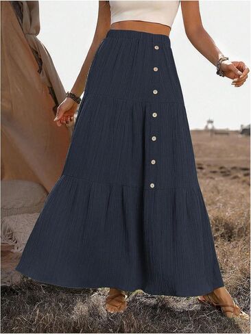 SHENHE Women's Elastic High Waisted Button Front Skirt Tiered Layered Ruffle Hem Flowy Maxi Skirts in Saudi Arabia