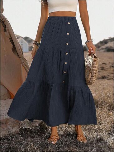 SHENHE Women's Elastic High Waisted Button Front Skirt Tiered Layered Ruffle Hem Flowy Maxi Skirts in Saudi Arabia