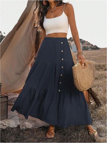 SHENHE Women's Elastic High Waisted Button Front Skirt Tiered Layered Ruffle Hem Flowy Maxi Skirts in Saudi Arabia