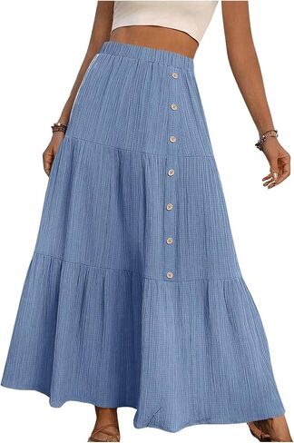 SHENHE Women's Elastic High Waisted Button Front Skirt Tiered Layered Ruffle Hem Flowy Maxi Skirts in Saudi Arabia