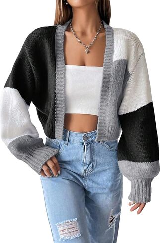 GORGLITTER Women's Colorful Cropped Cardigan Sweater Colorblock Long Sleeve Drop Shoulder Open Front Knit Cardigan in Saudi Arabia