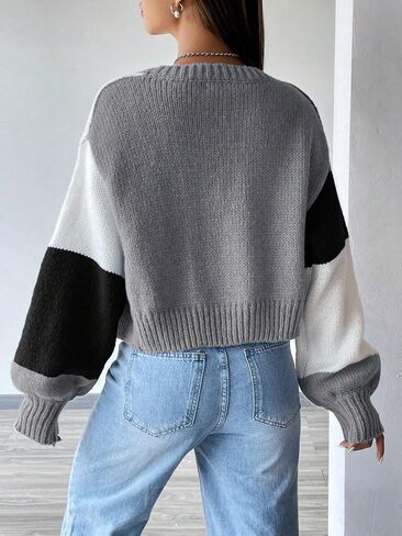 GORGLITTER Women's Colorful Cropped Cardigan Sweater Colorblock Long Sleeve Drop Shoulder Open Front Knit Cardigan in Saudi Arabia