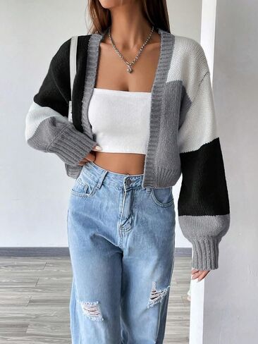 GORGLITTER Women's Colorful Cropped Cardigan Sweater Colorblock Long Sleeve Drop Shoulder Open Front Knit Cardigan in Saudi Arabia