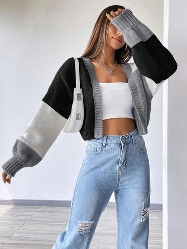 GORGLITTER Women's Colorful Cropped Cardigan Sweater Colorblock Long Sleeve Drop Shoulder Open Front Knit Cardigan in Saudi Arabia