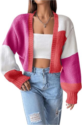 GORGLITTER Women's Colorful Cropped Cardigan Sweater Colorblock Long Sleeve Drop Shoulder Open Front Knit Cardigan in Saudi Arabia