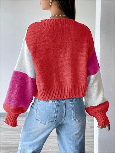 GORGLITTER Women's Colorful Cropped Cardigan Sweater Colorblock Long Sleeve Drop Shoulder Open Front Knit Cardigan in Saudi Arabia