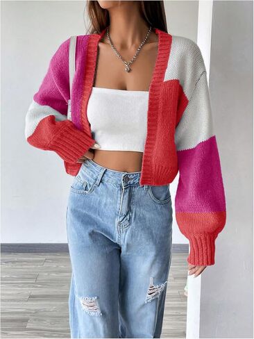 GORGLITTER Women's Colorful Cropped Cardigan Sweater Colorblock Long Sleeve Drop Shoulder Open Front Knit Cardigan in Saudi Arabia