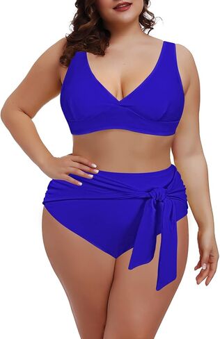 Pink Queen Women's 2 Piece Plus Size High Waisted Bikini Set Ruched Tummy Control Swimwear Swimsuit in Saudi Arabia