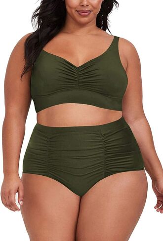 Pink Queen Women's 2 Piece Plus Size High Waisted Bikini Set Ruched Tummy Control Swimwear Swimsuit in Saudi Arabia